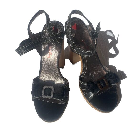 Sean L Faryl Robin Leather Strappy Heels Women’s Size 6 1/2 M Rockstar Cork Wood - Picture 2 of 12